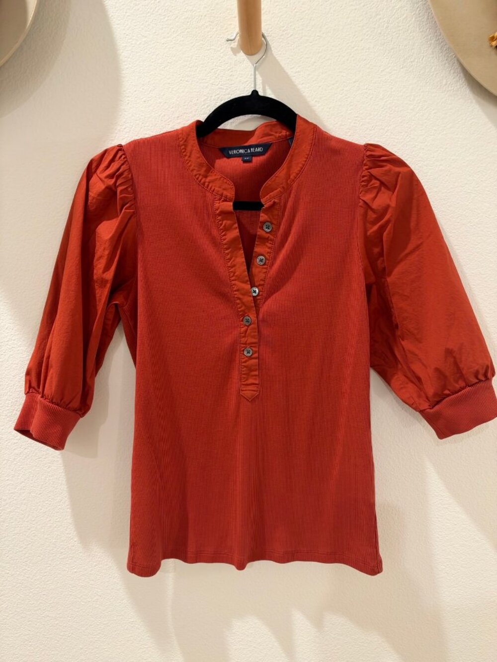 Veronica Beard Coralee Puff Sleeve Henley Top, Size S, Terracotta